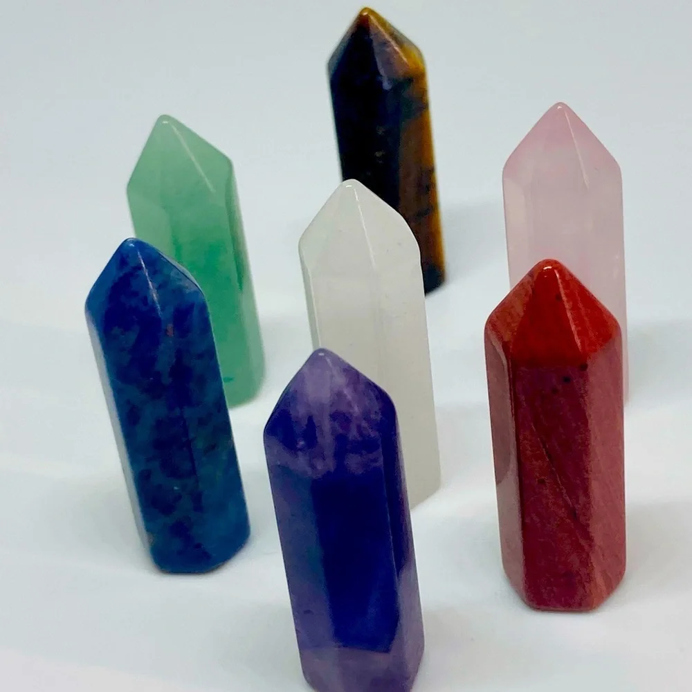 Gemstone towers 1.25 inch. Tiger’s eye, amethyst, quartz, rose quartz, etc